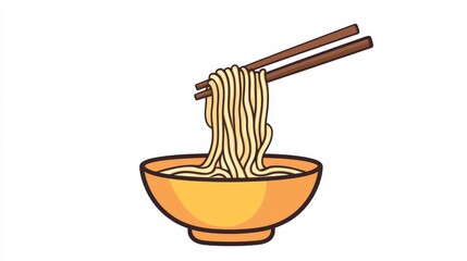 Wall Mural - minimalist vector illustration of wooden chopsticks holding steaming ramen noodles, bold black outline style, natural wood grain texture, centered composition on pure white background, simple elegant