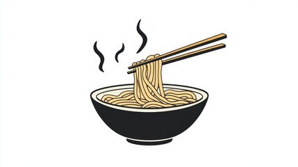 Wall Mural - minimalist vector illustration of wooden chopsticks holding steaming ramen noodles, bold black outline style, natural wood grain texture, centered composition on pure white background, simple elegant