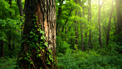 Ivy covered tree trunk in verdant forest illuminated by sunlight backdrop