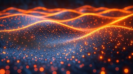 A mesmerizing landscape of glowing orange and blue particles forming undulating waves