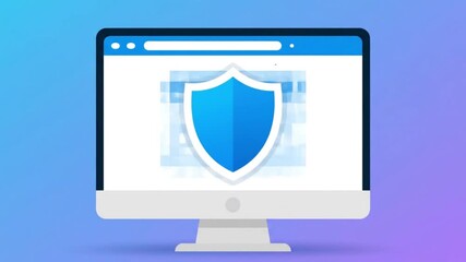 A sleek computer monitor displays a prominent blue shield icon within a web browser, symbolizing robust digital security and online data protection for internet users.