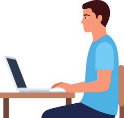 Young man working remotely using laptop on desk for online communication and digital lifestyle