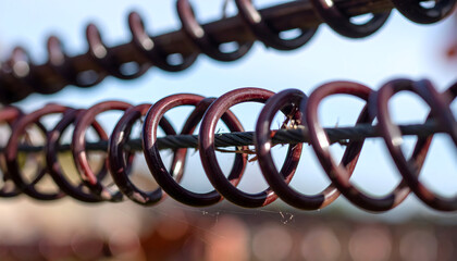 Metal springs attached to cable structure close up industrial technology detail