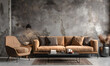 © Daniel - Industrial and loft living room interior with concrete wall, sand brown sofa, modern armchair, simple black coffee table, sand brown, books and personal accessories.