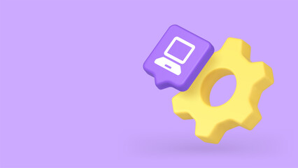 Digital interface concept with yellow gear and a computer icon, representing configuration, web development, and technology services. 3d realistic icon copy space banner vector illustration