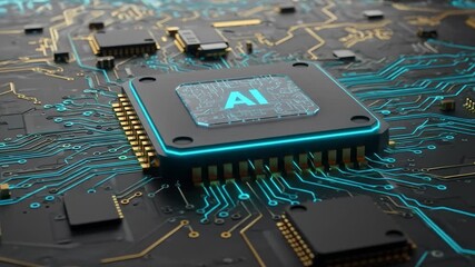 A detailed close-up view of an artificial intelligence chip set atop a complex circuit board.