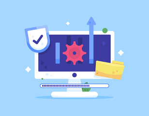 A concept of system and security updates. The process of updating software or applications. Illustration of a computer monitor with gear, shield, and folder symbols. Flat style design elements. Blue 