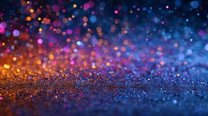 Sparkling bokeh lights in warm orange and cool blue hues create a magical, festive atmosphere.