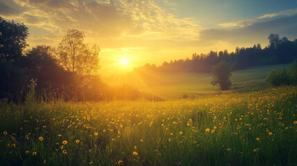 Wall Mural - green field and blue sky. field and clouds