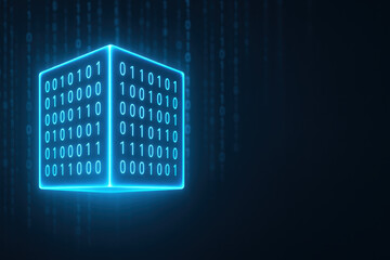 Digital education concept with glowing binary code cube on dark background symbolizing technology and data learning in education field
