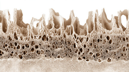Kidney glomerular basement membrane, mesh-like collagen lamina with nanoscale pores, monochrome contrast highlighting ultrastructure. 3d illustration.