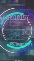 Wall Mural - animation of processing circle and changing numbers over diverse data on screens