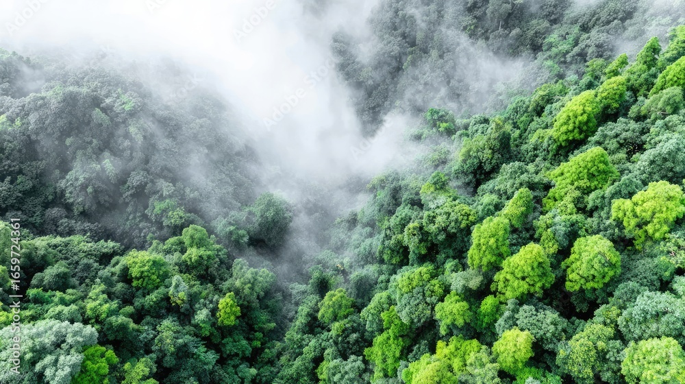 Aerial view of a dense tropical rainforest, lush green canopy, fog ...