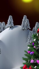 Wall Mural - animation of decorated christmas tree on winter landscape against yellow spots of light