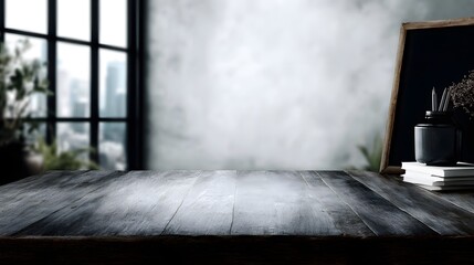 Wall Mural - Wooden desk with blank center in a studio scene