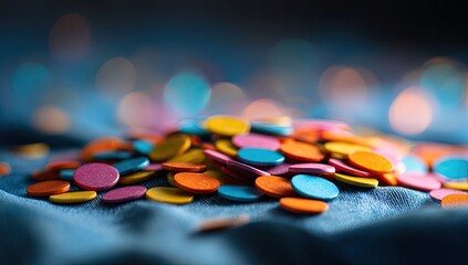 Colorful round candies on dark blue fabric with bokeh lights