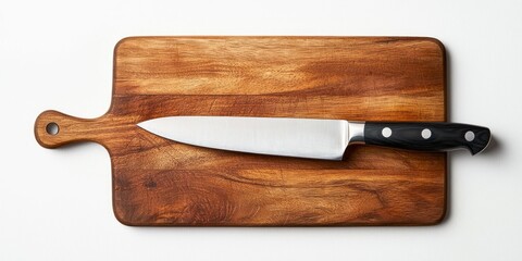 A chef's knife rests on a wooden cutting board. The knife has a silver blade and a black handle with a bolster. The cutting board is made of dark brown wood with a handle on one end. 