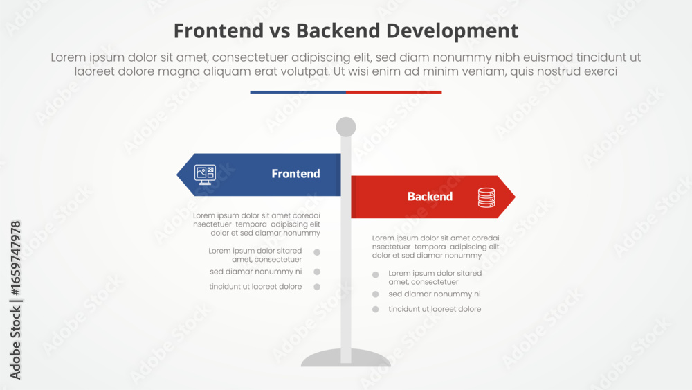 frontend vs backend devopment comparison opposite infographic concept ...