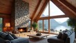 © Pete - Modern Scandinavian wood cabin interior. Stone fireplace, comfortable sofas, large triangle windows reveal serene lake, mountain view. Stylish minimalist decor with indoor plants creates cozy,