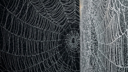 Dew Covered Spider Web Macro on Dark Background, Halloween Texture
