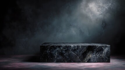 Wall Mural - Sleek black marble display platform in moody lighting