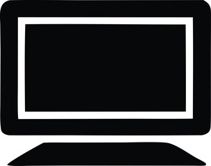 Simple black and white icon depicting a desktop computer monitor with a keyboard below representing technology and digital communication for general use.