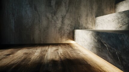 Wall Mural - a modern minimalist wood platform with sharp lighting long title a clean light colored wooden platfo
