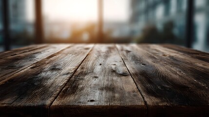 Wall Mural - rustic wooden table surface with warm sunbeam and texture