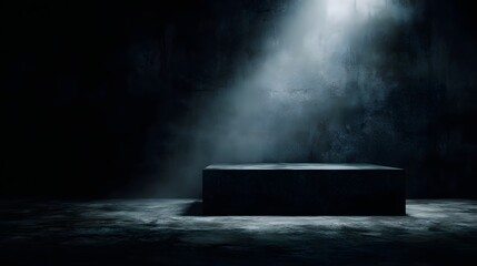 Wall Mural - Empty black platform in shadowy environment with dramatic lighting