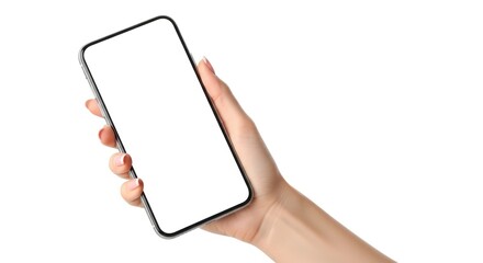 Elegant Female Hand Holding a Modern Smartphone with a Blank White Screen, Angled View Mockup Isolated on White.