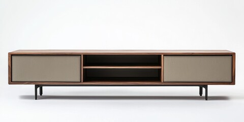 Wall Mural - A sleek, modern walnut media console sits on a white surface. The console features a long, horizontal design with a dark wood finish and minimalist legs