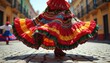 © Pete - Bottom view of bright traditional mexican dance attire ruffled skirt on cobblestone street. Woman dances during Cinco de Mayo celebration, vibrant folk costume. Colorful fabric, cultural artistry,