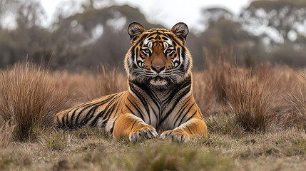  Majestic tiger resting in tall grass, showcasing its powerful presence and striking orange and black stripes.  A captivating image symbolizing wildlife beauty and the untamed wilderness.