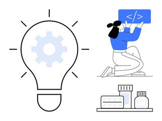 Woman creating code on a screen, large light bulb with gear symbolizing ideas and innovation, and bottles on a shelf representing healthcare or product development. Ideal for technology