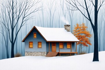 Wall Mural - Cozy cabin nestled in snowy woods during winter season
