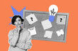 © deagreez - Template sketch trend artwork 3D collage of idea lamp logic challenge think solution young lady stand think minded board pin plant sheet