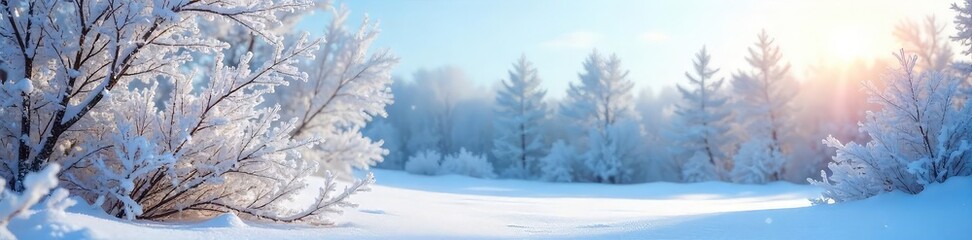 Wall Mural - Frosty Winter Wonderland Ice Crystals on Branches, Snow Covered Ground, Clear Sky - Perfect for Holiday and Nature Themes