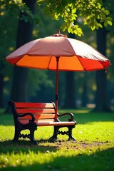 Wall Mural - A park bench sits under a large, colorful umbrella offering shade and shelter from the elements ? Ideal for relaxation and peaceful moments outdoors , respite, nature, park