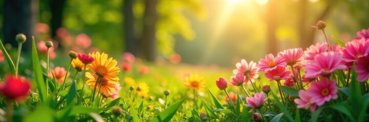 Wall Mural - Vibrant Spring Meadow Blooming Flowers and Lush Greenery Basking in Warm Sunlight, Perfect for Seasonal, Nature, and Travel Projects