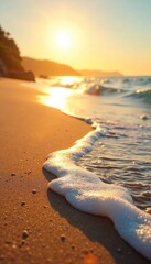 Wall Mural - Golden Hour Beach Tranquil Waves Lap Smooth Sand, Creating a Serene Summer Escape Perfect for Travel and Vacation Projects