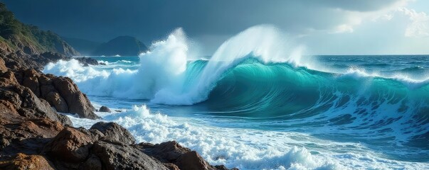 Wall Mural - Powerful ocean waves crashing on a rocky shore, creating a dramatic seascape with white foam and spray The immense power of nature is evident in this breathtaking scene , foam, rocky coast, power