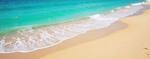 Wall Mural - Serene Coastal Scene Gently Curving Sandy Beach with Calm Ocean Waves, Perfect for Summer Vacation and Travel Photography