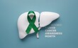 © j  U  N  U - October is liver cancer awareness month with green ribbon on liver model