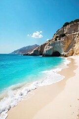 Wall Mural - Sun-drenched white sand beach in Greece, turquoise water laps gently at the shore, iconic Greek landscape Perfect for travel and vacation themes , summer, picturesque
