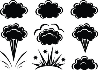 collection of black comic book style explosion and smoke cloud illustrations with dynamic lines and 