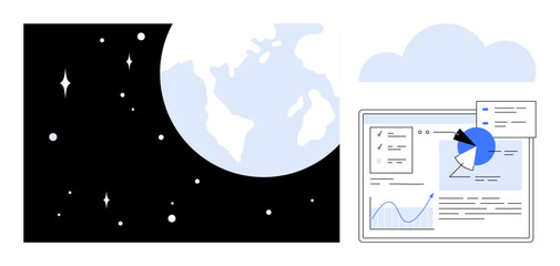 Earth in space alongside a digital interface featuring graphs, charts, and data insights. Ideal for analytics, global trends, tech, education, discovery, strategy and simple landing page