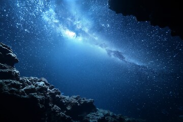 Wall Mural - underwater view of cosmic light above rocks, fantasy ocean space blend
