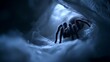© Nika - Close-up of a large hairy spider nestled within a dimly lit bluish web tunnel creating a mysterious eerie atmosphere