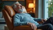 © Pete - Senior man with gray hair and beard reclines in a comfortable brown leather armchair. He enjoys leisure time, exuding peace and tranquility in a cozy living space with a warm lamp and plants visible.
