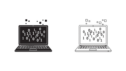 Laptop displaying binary code with floating data